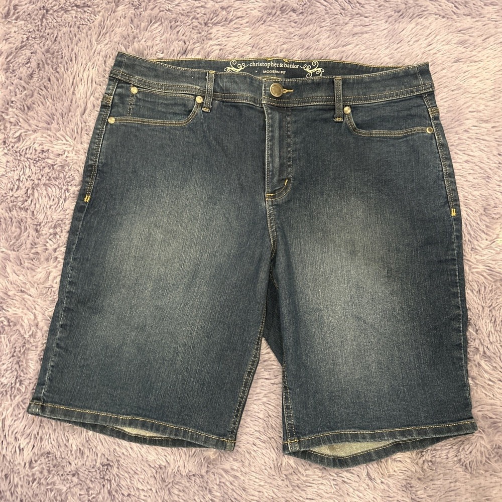Mom shorts Christopher & Banks Women's Blue Stretch Denim Bermuda Shorts Size 10
